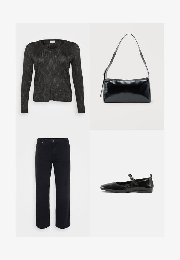 Sort langærmet sweater med et struktureret, glitrende design. Har rund halsudskæring og ribbede kanter ved nederdelen og ærmerne. Letvægtsmateriale.; Sorte denimjeans med lige ben-design. Funktioner inkluderer en knaplukning i taljen, bæltestropper og front-/baglommer. Glat tekstur.; Sorte patentlæder flade sko med spidse tæer, en ankelrem med spænde og en glat, blank tekstur. Lav hæl for komfort.; Sort rektangulær skuldertaske med en enkelt justerbar rem og lynlås i toppen på en ensfarvet baggrund.