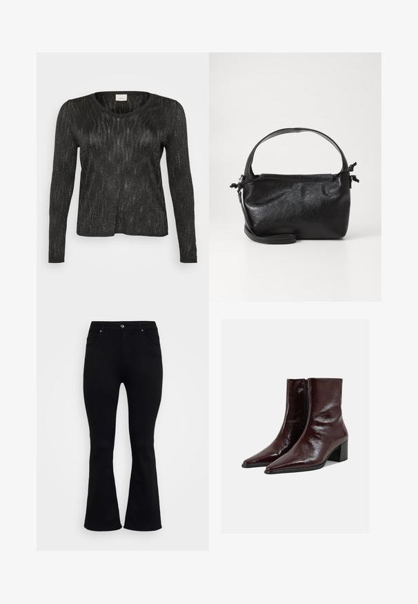Sort langærmet sweater med et struktureret, glitrende design. Har rund halsudskæring og ribbede kanter ved nederdelen og ærmerne. Letvægtsmateriale.; ONLY Carmakoma Flared fit CARWILLY High waist - Flared jeans - black denim; Skinnende mørkebrune læderankelstøvler med spidse tæer, sidelås og blokhæl på en ensfarvet lys grå baggrund.; Sort læderhåndtaske med et struktureret design, rund tophåndtag og aftagelig skulderrem. Den har en glat tekstur og en subtil glans.