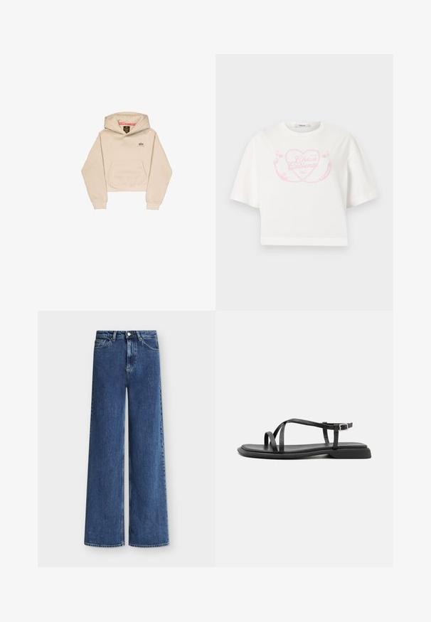 Afskåret beige hætte sweatshirt lavet af blødt stof, med en frontlomme, hætte og lille logo på brystet. Glat tekstur og afslappet pasform.; Hvid croppet T-shirt med lyserødt hjerte og chilipebergrafik samt teksten "Chica Caliente" centreret på brystet.; Højtaljede blå cowboybukser med brede ben, frontlukning med knap og lynlås samt for- og baglommer.; Sorte flade sandaler med tynde justerbare stropper, rektangulær tåpost og en struktureret mat finish. Har en lav, let firkantet hæl.