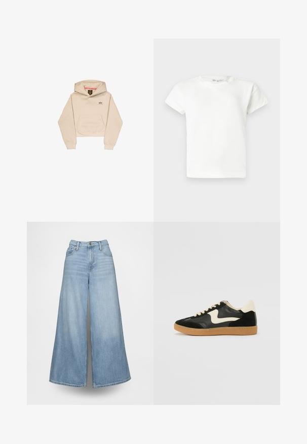 Afskåret beige hætte sweatshirt lavet af blødt stof, med en frontlomme, hætte og lille logo på brystet. Glat tekstur og afslappet pasform.; Ensfarvet hvid T-shirt med korte ærmer og rund halsudskæring, med en lige kant, vist på en lys grå baggrund.; Lyseblå vidde jeans lavet af denim med høj talje, forlommer og knaplukning. Stoffet har en falmet vask.; Sorte ruskinds- og lædersneakers med en cremefarvet side-swoosh og lys cremefarvet hæl. Har beige snørebånd og en gummirubber-sål.