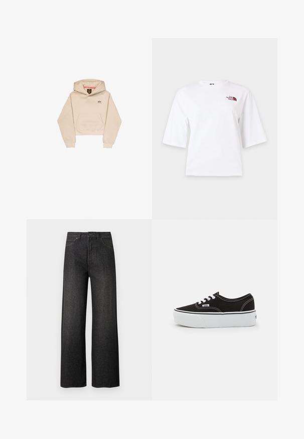 Korte beige hoodie van zacht materiaal, met een voorzak, capuchon en klein logo op de borst. Soepele textuur en een ontspannen pasvorm.; Witte T-shirt met korte mouwen, ronde hals en klein kastanjebruin "The North Face" logo op de linker bovenborst.; Zwart wijde pijpen jeans met hoge taille, voorzakken, knoopsluiting en riemlussen, afgebeeld op een effen lichte achtergrond.; Zwarte canvas sneaker met een witte rubberen platformzool, voorzien van witte veters en stiksels, iconische branding op de zijkant, low-top ontwerp.