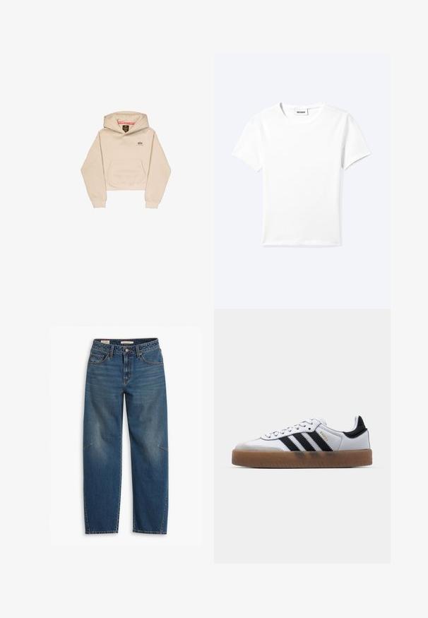 Afskåret beige hætte sweatshirt lavet af blødt stof, med en frontlomme, hætte og lille logo på brystet. Glat tekstur og afslappet pasform.; Ensfarvet hvid t-shirt med korte ærmer og rund halsudskæring med en lille "WEEKDAY" label indeni halskanten, vist fladt på en lys baggrund.; Blå denim jeans med en afslappet pasform, der har høj talje, lige ben, synligt syning og en lille detalje på venstre knæ.; Hvide lædersneakers med sorte striber, gummirubber sål, rund tå, snørelukning og blød grå ruskinds tåhætte.
