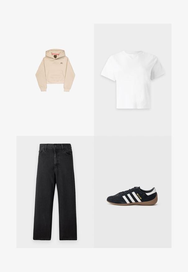 Afskåret beige hætte sweatshirt lavet af blødt stof, med en frontlomme, hætte og lille logo på brystet. Glat tekstur og afslappet pasform.; Enkel hvid T-shirt med korte ærmer, rund hals og lige kant, vist på en blank lysegrå baggrund.; Sort denimjeans med højtaljet, lige ben, fem-lomme-design og klassisk knaplukning foran. Blødt, tekstureret stof.; Sort ruskindssneaker med tre hvide striber, gummisål og et lille gyldent logo på siden. Har en glat sort foring indvendigt.