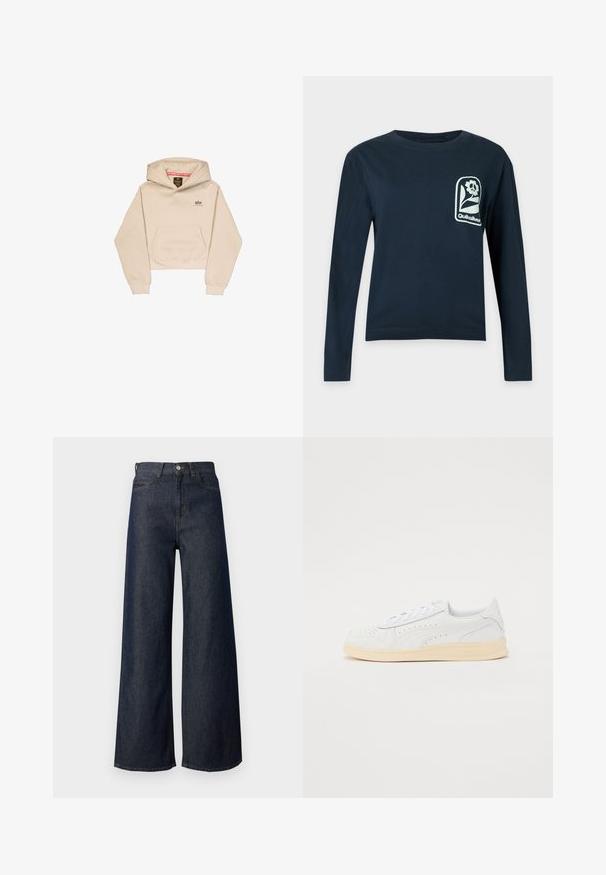 Korte beige hoodie van zacht materiaal, met een voorzak, capuchon en klein logo op de borst. Soepele textuur en een ontspannen pasvorm.; Marineblauw shirt met lange mouwen, ronde hals en een wit bloemenlogo met tekst "Quiksilver" op de linkerborst.; Donkere denim jeans met wijde pijpen en een hoge taille, voorzien van een vijfzakkenontwerp, gouden stiksels en metalen knoopdetail. Over het geheel een gladde textuur.; Sneakers met een witte synthetische bovenkant, geperforeerd ontwerp, platte veters en een crèmekleurige rubberen zool. Heeft een logo op de hiel en zijkant.