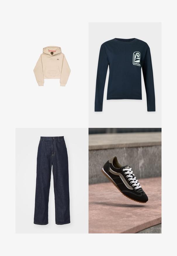Afskåret beige hætte sweatshirt lavet af blødt stof, med en frontlomme, hætte og lille logo på brystet. Glat tekstur og afslappet pasform.; Marineblå langærmet skjorte med rund hals og et hvidt blomsterlogo med teksten "Quiksilver" på venstre bryst.; Mørkeblå lige ben denim jeans med bæltestropper, frontknap og sidelommer på en hvid baggrund.; Sort og beige sneaker med hvide snørebånd og gummisål, svævende over en stensurface og grå betonbaggrund.