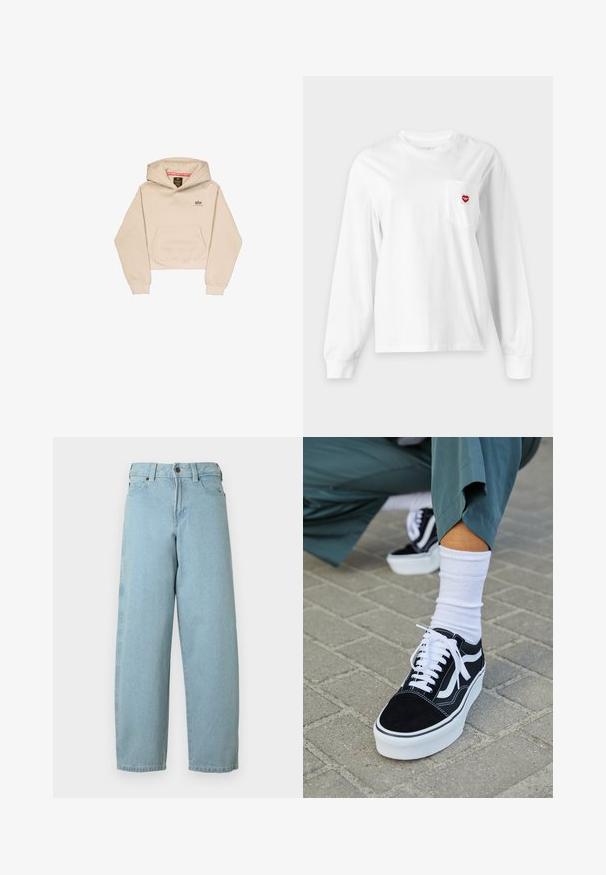 Korte beige hoodie van zacht materiaal, met een voorzak, capuchon en klein logo op de borst. Soepele textuur en een ontspannen pasvorm.; Wit longsleeve shirt met ronde hals en borstzakje met een klein rood hartvormig logo aan de rechterkant.; Lichtblauwe spijkerbroek van denim met een comfortabele pasvorm, rechte pijpen, een ontwerp met vijf zakken en een metalen knoopsluiting aan de tailleband.; Zwarte suède sneaker met witte accenten en veters, uitgerust met een dikke witte zool en contrasterende stiksels, gecombineerd met een witte sok.