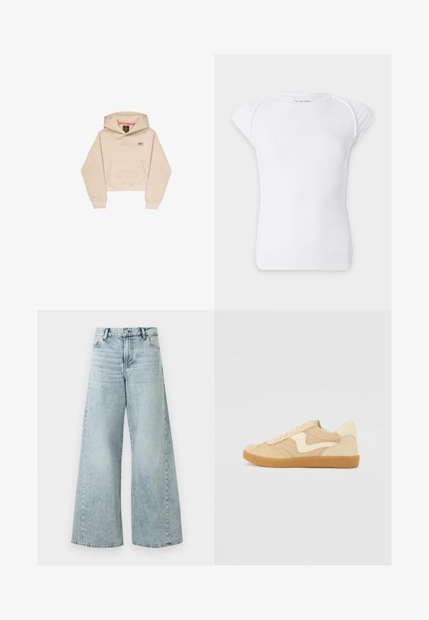 Korte beige hoodie van zacht materiaal, met een voorzak, capuchon en klein logo op de borst. Soepele textuur en een ontspannen pasvorm.; Wit kortemouw geribbeld gebreid T-shirt met een ronde halslijn en licht oversneden schouders op een effen achtergrond.; Lichtblauwe denim wijde broek met hoge taille, voorzien van een knoopsluiting, vijf zakken en rafelige zoomdetails.; Beige sneaker van suede en mesh materialen, ronde vorm, opvallende gepolsterde kraag en een gumrubberen zool. Kenmerkt zich door een golvend ontwerp accent.