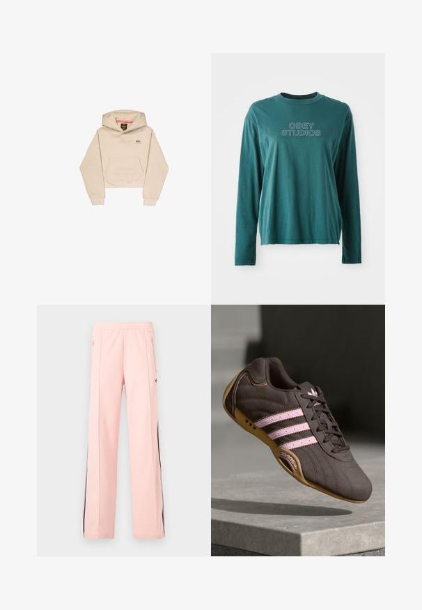 Afskåret beige hætte sweatshirt lavet af blødt stof, med en frontlomme, hætte og lille logo på brystet. Glat tekstur og afslappet pasform.; Teal langærmet skjorte lavet af blødt bomuld. Har en rund halsudskæring og "OBEY STUDIOS" grafik i hvid på forsiden. Enkel design.; Lyserøde joggingbukser med sorte sidelommer med lynlås, lynlåslommer og elastik i taljen, vist på en helt hvid baggrund.; Brune ruskind atletik sko med pink striber og logo, med en tekstureret overdel, snørebåndslukning og en gummirubbersål.