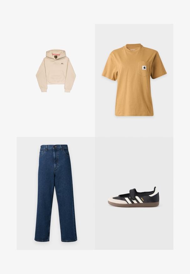 Afskåret beige hætte sweatshirt lavet af blødt stof, med en frontlomme, hætte og lille logo på brystet. Glat tekstur og afslappet pasform.; Enkelt brun kortærmet t-shirt med en brystlomme med en firkantet mærkelogo-patch, vist på en ensartet lys baggrund.; Høj talje blå denim jeans med bred ben-design, som har fem lommer, en frontknaplukning og syet detaljer langs sømmene.; Sort og beige sko med velcrolukning, tre hvide striber på siden og en tekstureret brun gummisål. Mærkelogo er synligt.