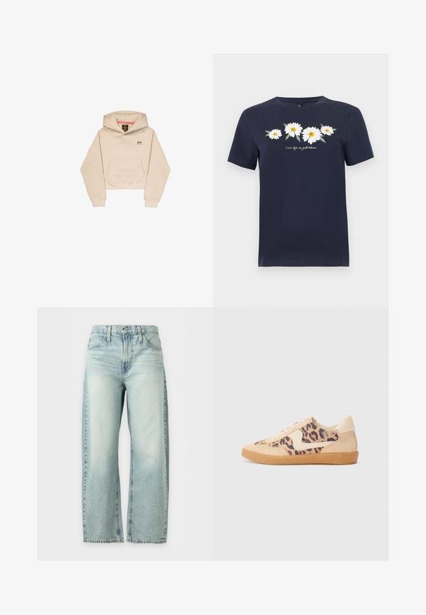 Korte beige hoodie van zacht materiaal, met een voorzak, capuchon en klein logo op de borst. Soepele textuur en een ontspannen pasvorm.; Navyblauw T-shirt met korte mouwen met vier witte madeliefjes en de tekst "Leef het leven in volle bloei" gedrukt over de borst.; Lichtblauwe jeans met wijde pijpen, voorzakken, riemlussen en knoopsluiting, getoond tegen een witte achtergrond.; Luipaardprint sneakers met een beige suède bovenkant, tan rubberen zool en witte accenten. Ronde neus en vetersluiting met een gestructureerde afwerking.