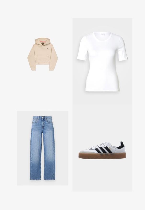 Afskåret beige hætte sweatshirt lavet af blødt stof, med en frontlomme, hætte og lille logo på brystet. Glat tekstur og afslappet pasform.; Hvid T-shirt med korte ærmer lavet af glat bomuld, med rund halsudskæring og en tætsiddende pasform. Klassisk design uden mønstre eller detaljer.; Høj talje, lyseblå denim jeans med vide ben, forreste knapper og lynlås, bæltestropper og fem-lomme-design.; Hvide lædersneakers med sorte striber, gummirubber sål, rund tå, snørelukning og blød grå ruskinds tåhætte.