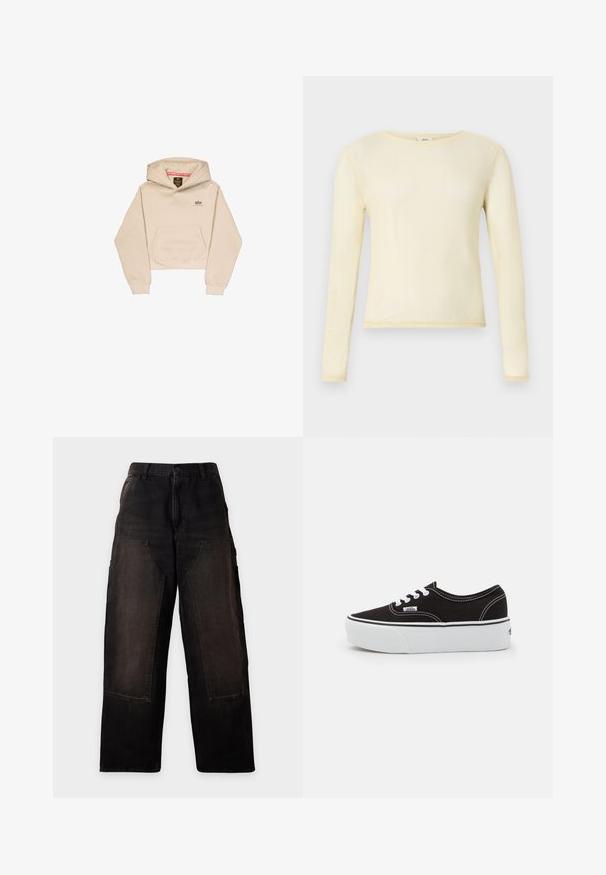 Korte beige hoodie van zacht materiaal, met een voorzak, capuchon en klein logo op de borst. Soepele textuur en een ontspannen pasvorm.; Top met lange mouwen in lichtgeel, gemaakt van gladde stof. Heeft een ronde halslijn en een aansluitend ontwerp met zichtbare stikdetails.; Zwarte wijde broek met grote opgestikte voorzakken en riemlussen, getoond op een lichte, effen achtergrond.; Zwarte canvas sneaker met een witte rubberen platformzool, voorzien van witte veters en stiksels, iconische branding op de zijkant, low-top ontwerp.