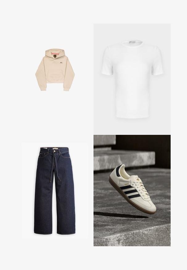 Korte beige hoodie van zacht materiaal, met een voorzak, capuchon en klein logo op de borst. Soepele textuur en een ontspannen pasvorm.; Witte korte mouwen geribde T-shirt met een ronde hals, een aangesloten pasvorm en een klein merklabel aan de binnenkant van de kraag.; Wijd pijpjes donkerblauwe denim jeans met een hoge taille, voorzien van een trekkoord, vijf zakken en contrasterende stiksels.; Witte Adidas Samba sneaker met zwarte strepen en gumzool, zwevend boven gestructureerde grijze betonnen treden.
