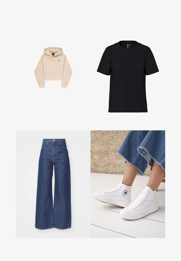Korte beige hoodie van zacht materiaal, met een voorzak, capuchon en klein logo op de borst. Soepele textuur en een ontspannen pasvorm.; Zwarte T-shirt met korte mouwen, gemaakt van zacht materiaal en met een ronde hals. Eenvoudig ontwerp zonder patronen of accenten, rechte snit aan de onderkant.; Wijd-uitlopende jeans van donkerblauwe denim. Hoge taille met een ritssluiting en knoopsluiting. Bevat klassieke vijf-pocket styling en gezoomde randen.; Persoon draagt witte hoge Converse-sneakers met dikke zolen en korte jeans met rafelige zoom tegen een bakstenen muur en witte vloer.