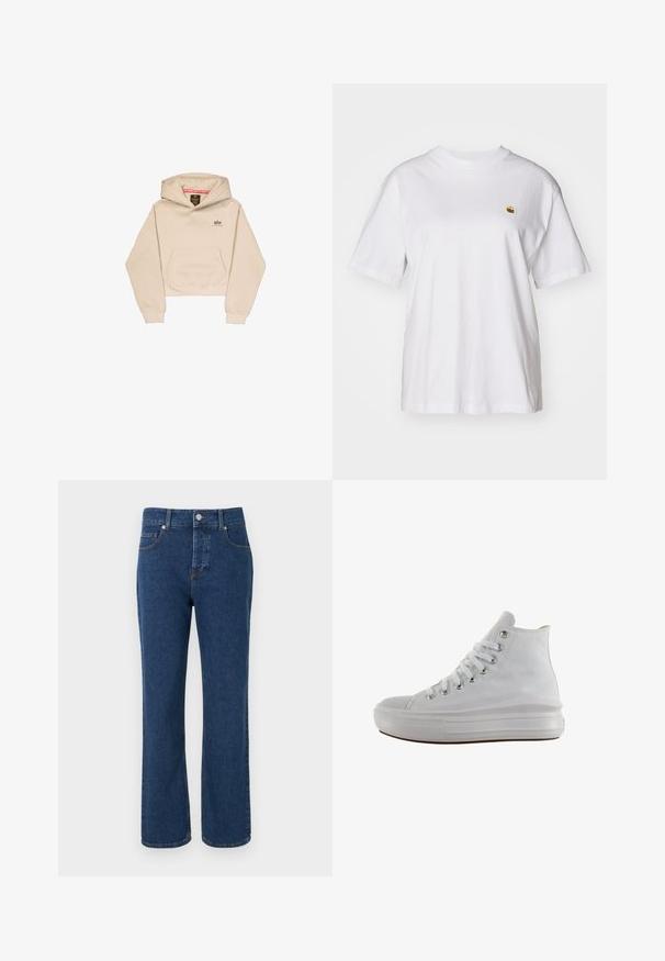 Korte beige hoodie van zacht materiaal, met een voorzak, capuchon en klein logo op de borst. Soepele textuur en een ontspannen pasvorm.; Witte katoenen t-shirt met een relaxte pasvorm, korte mouwen en een klein geborduurd logo op de linkerborst.; Blauwe rechte spijkerbroek met vijf zakken, riemlussen, knoopsluiting en zichtbare stiksel details.; Witte hoge canvas sneaker met witte veters, metalen oogjes, dikke rubberen zool en gestructureerde neuskap, naar links gericht op een witte achtergrond.