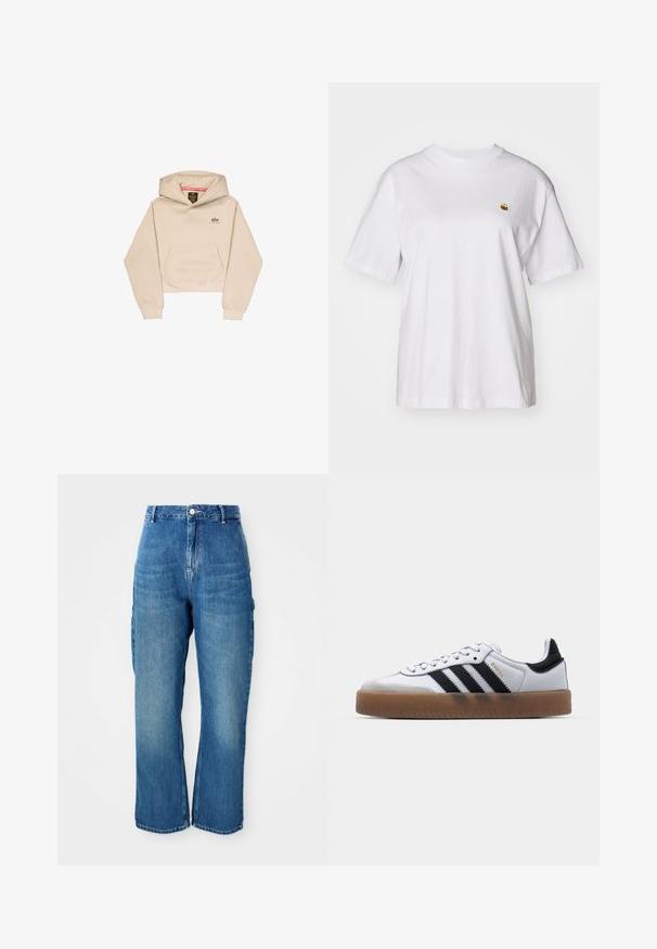 Korte beige hoodie van zacht materiaal, met een voorzak, capuchon en klein logo op de borst. Soepele textuur en een ontspannen pasvorm.; Witte katoenen t-shirt met een relaxte pasvorm, korte mouwen en een klein geborduurd logo op de linkerborst.; Hoge taille spijkerbroek met rechte pijpen in blauwe denim, met een knoopsluiting aan de voorkant, ritssluiting en zijcargo pockets op een witte achtergrond.; Witte leren sneakers met zwarte strepen, gumrubberen buitenzool, ronde neus, vetersluiting en een zachte grijze suède neuskap.