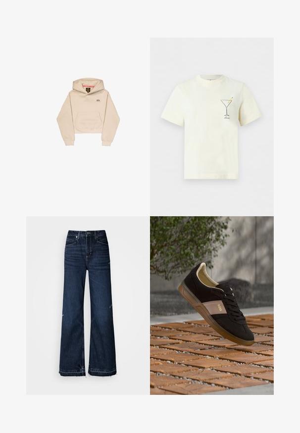 Afskåret beige hætte sweatshirt lavet af blødt stof, med en frontlomme, hætte og lille logo på brystet. Glat tekstur og afslappet pasform.; Kremfarvet kortærmet t-shirt med en lille sort kontur af et martiniglas og to gule oliven på venstre bryst.; Højtaljede, vide jeans lavet af mørkt denim. Modellen har frynsete kanter og et femlomme-design med synlige sømme.; Sort og beige BOSS-sneaker med gummisål, der svæver over et træblokbelagt fortov udendørs ved siden af en grøn busk og en grå væg.
