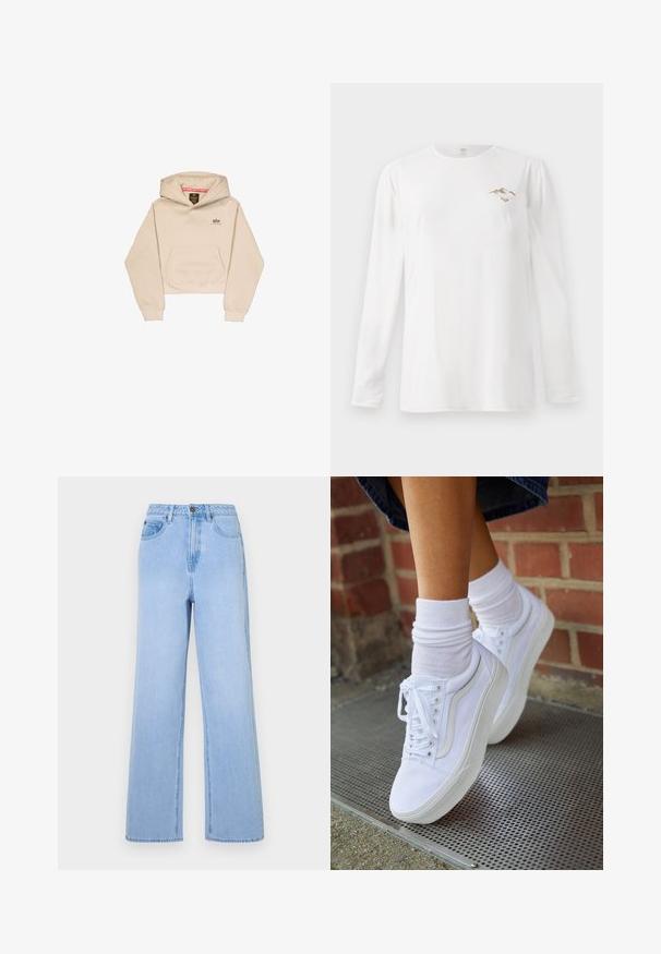 Korte beige hoodie van zacht materiaal, met een voorzak, capuchon en klein logo op de borst. Soepele textuur en een ontspannen pasvorm.; Witte lange mouw shirt met een kleine bruine bergafbeelding en de tekst "Paradise Tour" op de linker borst.; Lichtblauwe high-waisted jeans met een wijd uitlopende pasvorm, gemaakt van denim. Kenmerkt zich door opvallende stiksels en een vijf-pocket styling.; Witte canvas sneakers met rubberen zolen, voorzien van zes vetertjes, een ronde neus en lichte stikdetails, gecombineerd met witte enkelsokken.