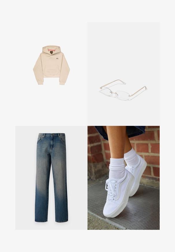 Afskåret beige hætte sweatshirt lavet af blødt stof, med en frontlomme, hætte og lille logo på brystet. Glat tekstur og afslappet pasform.; Blå denim jeans med et lige ben design, der har en fading fra mørk til lys, fem-lommemodel og en knaplukning i taljen.; Hvide lærreds sneakers med gummisåler, der har seks snørehuller, rund tå og let sømdetaljer, krydret med hvide ankelstrømper.; Guldmetal briller med ovale linser, slanke arme og klare næsepuder. Har subtile hængsel accenter og gennemsigtige linser.