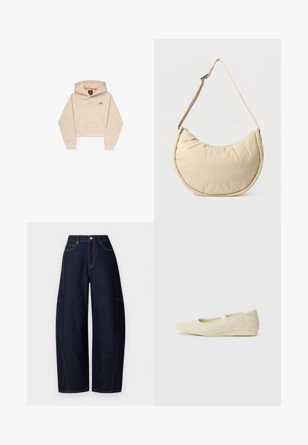 Korte beige hoodie van zacht materiaal, met een voorzak, capuchon en klein logo op de borst. Soepele textuur en een ontspannen pasvorm.; Brede donkerblauwe denim broek met contrasterende oranje stiksels, vijf zakken en een knoop- en ritssluiting aan de taille.; Beige ballerina's met een gladde leren buitenkant, amandelvormige punt en elastische band over de wreef, met subtiele stiksels.; Beige schoudertas in halve maanvorm met een zachte, gewatteerde textuur. Voorzien van een verstelbare riem en een ritssluiting langs de bovenkant.