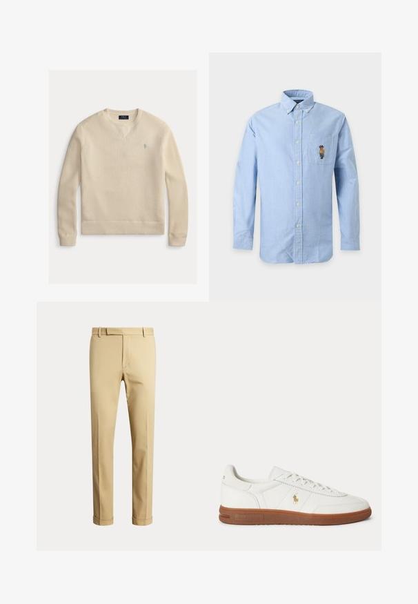 Pull en maille beige clair avec col en V, poignets et ourlet côtelés, et un petit logo bleu sur la poitrine. Tissu texturé et respirant.; Chemise bleu clair à manches longues avec boutons, col boutonné et petit ours brodé portant un jean et un chapeau sur la poche poitrine gauche.; Pantalon beige coupe droite avec passants de ceinture, braguette devant et ourlets retroussés, présenté sur un fond clair uni.; Baskets basses blanches avec semelle marron, lacets à l'avant, et petit logo doré Polo Ralph Lauren sur le côté.