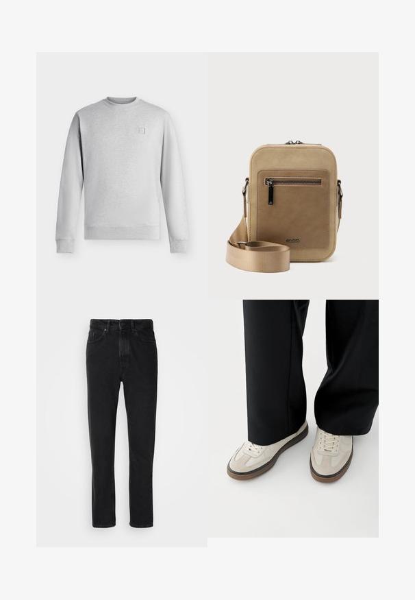 Lysegrå crewneck sweatshirt med lange ærmer og ribbet manchetter og kant, med et lille firkantet logo på venstre bryst.; Sorte denim jeans med lige ben-design, med knap- og lynlåslukning, forlommer og subtile teksturer.; Fødder iført beige sneakers med brune såler og sorte bukser med vide ben på hvid baggrund.; Lille beige crossbody-taske med lynlåslomme foran, metal ALDO-logo, justerbar bred rem og rundet rektangulær form på hvid baggrund.