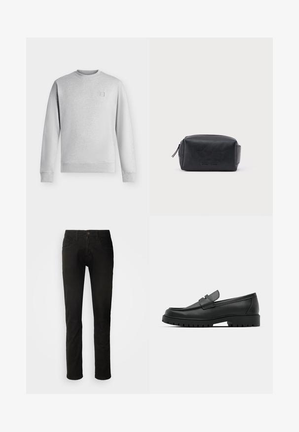 Lysegrå crewneck sweatshirt med lange ærmer og ribbet manchetter og kant, med et lille firkantet logo på venstre bryst.; Sorte denim jeans med lige ben-design, der har to for- og en knaplukning. Glat tekstur og ren finish.; Sorte læder loafers med rund tå, der har et syet design, lav platformssål og en struktureret, skridsikker gummisål.; Sort rektangulær lædertoilettaske med lynlås og præget brandnavn foran, sat mod en ensartet hvid baggrund.