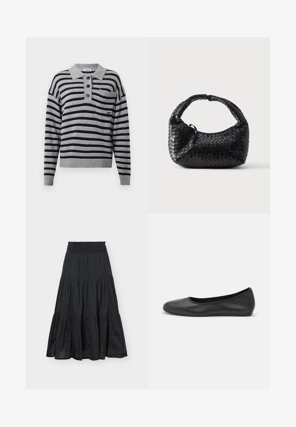 Pull-over en tricot rayé gris avec des rayures bleu marine et rose clair, un col, une fermeture à trois boutons et une petite poche sur la poitrine.; Jupe longue noire à volants avec taille smockée élastique et panneaux de tissu froncés, silhouette fluide en ligne A.; Ballerines en cuir noir avec un bout rond, texture lisse, détails de couture minimalistes et design de semelle flexible.; Sac à main noir tissé de forme arrondie, finition texturée et poignée incurvée. Présente un logo discret en accent sur le devant.