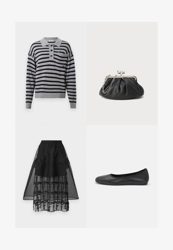 Pull-over en tricot rayé gris avec des rayures bleu marine et rose clair, un col, une fermeture à trois boutons et une petite poche sur la poitrine.; Jupe noire à plusieurs couches avec une doublure intérieure texturée, une couche extérieure transparente, une taille élastique et des détails de poches. Motif de broderie florale décorative.; Ballerines en cuir noir avec un bout rond, texture lisse, détails de couture minimalistes et design de semelle flexible.; Porte-monnaie en cuir noir avec texture froncée, cadre en métal argenté, fermeture à verrouillage kiss-lock et bandoulière en chaîne. Surface lisse et douce.