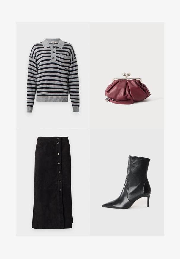 Pull-over en tricot rayé gris avec des rayures bleu marine et rose clair, un col, une fermeture à trois boutons et une petite poche sur la poitrine.; Jupe midi en daim noir avec boutons-pression argentés à l'avant et fente sur le côté, coupe droite et taille haute.; Bottes noires à la cheville en cuir lisse, dotées d'un bout pointu, d'un tige ajustée et d'un talon haut fin. Design minimaliste sans quincaillerie visible.; Petite pochette en cuir bordeaux avec fermoir en métal argenté et bracelet pour poignet sur fond blanc.