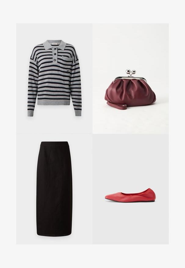 Pull-over en tricot rayé gris avec des rayures bleu marine et rose clair, un col, une fermeture à trois boutons et une petite poche sur la poitrine.; Jupe midi noire en tissu léger. Elle présente une silhouette droite, une texture lisse et une taille simple sans embellissements.; Filippa K REY FLATS - Ballerines - bright red; Petit sac pochette en cuir bordeaux avec fermoir métallique argenté et bracelet sur fond blanc.