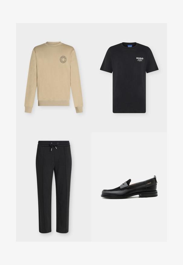 Sweat beige à manches longues avec col rond, poignets et ourlet côtelés, avec un petit logo circulaire « Hugo Jeans » sur le côté gauche de la poitrine.; T-shirt noir à manches courtes et col rond avec petit logo blanc "HUGO" et texte sur la partie supérieure gauche de la poitrine.; Pantalon noir fuselé avec une taille élastique et un cordon, présentant une subtile texture côtelée verticale.; Mocassin en cuir noir avec détail de bride grise, talon bas et semelle texturée, marqué "HUGO" en or sur le côté.