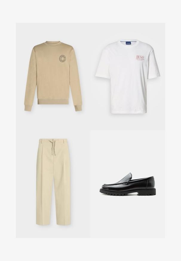 Sweat beige à manches longues avec col rond, poignets et ourlet côtelés, avec un petit logo circulaire « Hugo Jeans » sur le côté gauche de la poitrine.; T-shirt en coton blanc avec manches courtes, col rond, et un logo rouge sur le côté gauche de la poitrine. Texture lisse.; Pantalon beige droit avec passants pour ceinture et nouage à l'avant, présentant un design épuré et ajusté ainsi qu'un tissu texturé.; Mocassin en cuir noir avec semelle en caoutchouc épaisse, dessus cousu et nom de marque embossé sur le talon, présenté de profil sur fond blanc.