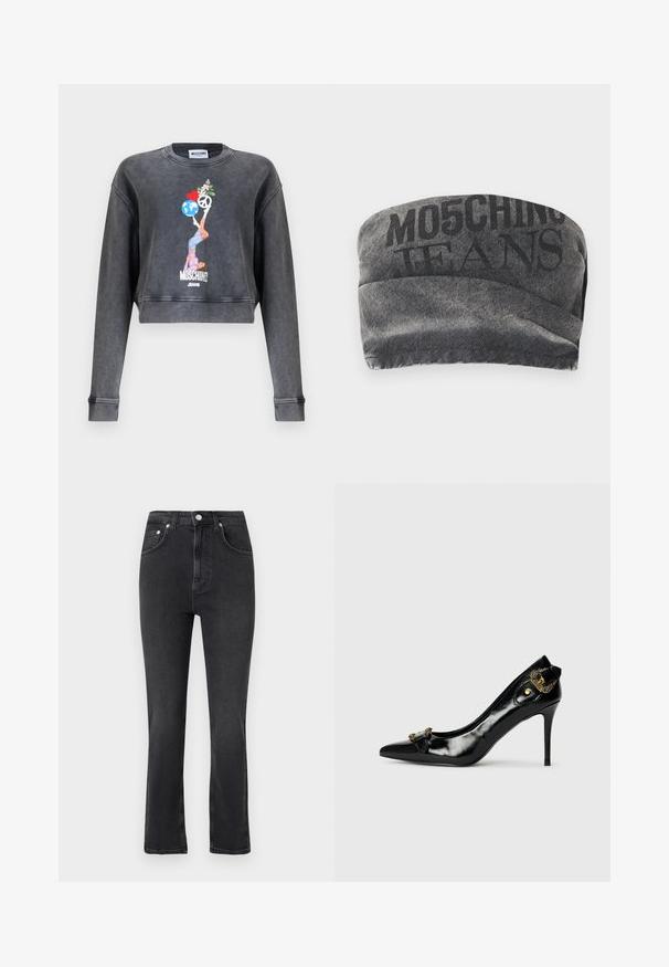 Sweatshirt Moschino court gris foncé avec un graphique représentant une femme équilibrant un globe, un cœur, un symbole de paix et des fleurs, avec le texte Moschino Jeans en dessous.; Bandeau en denim noir avec une finition texturée et l'inscription "MO5CHING JEANS" en lettres majuscules. Présente un design aux courbes lisses et des bords cousus.; Jean noir taille haute à jambes droites avec poches avant, passants pour ceinture, fermeture par bouton et coutures visibles sur un fond clair.; Chaussure à talon haut en cuir verni noir avec un bout pointu, un détail nœud à l'avant et un accent décoratif en métal doré à l'arrière.