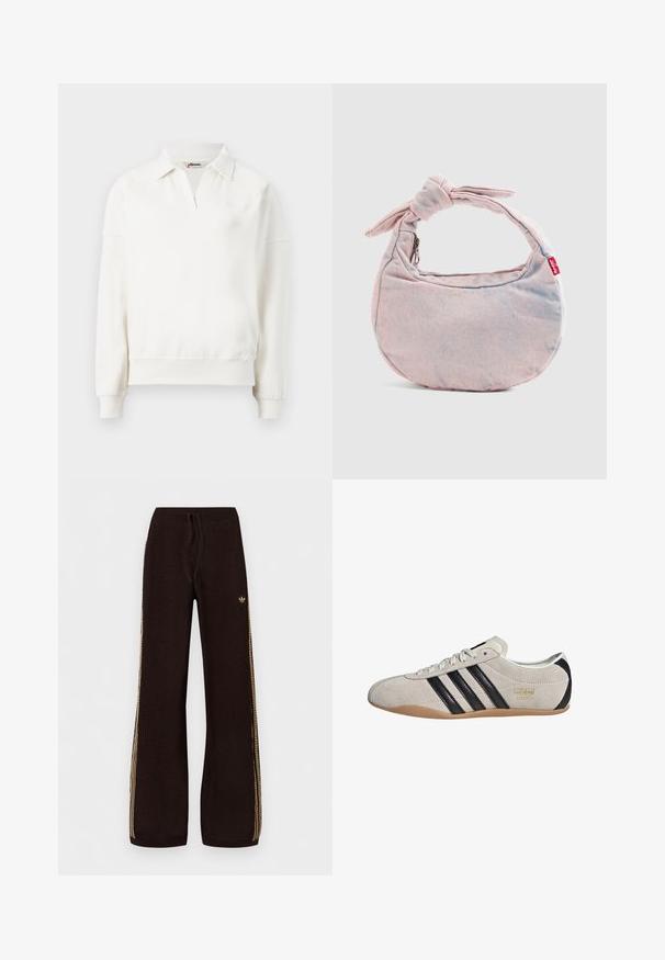Pull-over à col rond en coton blanc cassé, avec un col polo, des manches longues et un ourlet côtelé. Détail de logo discret sur la poitrine.; Pantalon large en maille noire avec bandes latérales beiges, taille élastique, cordon de serrage et petit logo sur la cuisse gauche.; Sneakers en suède avec un dessus gris, des rayures noires et une semelle en caoutchouc couleur gomme. Dotées d'un système de laçage et d'un détail logo doré sur le côté.; Sac à main en denim rose clair en forme de croissant avec une bandoulière nouée et une étiquette rouge Levi's sur un fond uni.