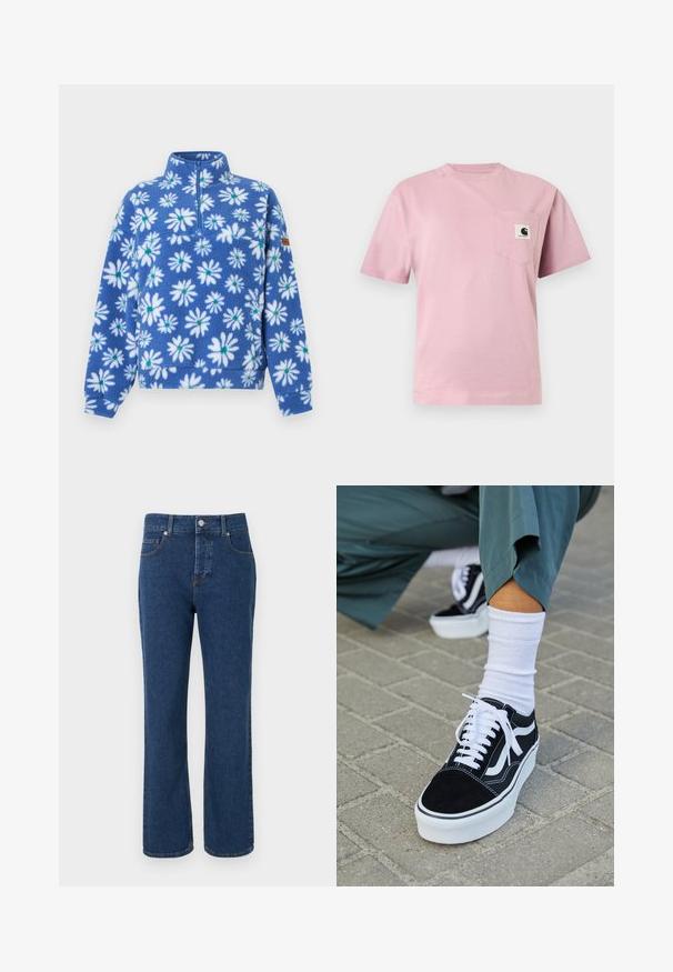 Polaire bleue avec motifs de marguerites blanches, manches longues, demi-fermeture éclair à l'avant et col haut.; T-shirt rose clair à manches courtes avec une poche poitrine gauche présentant un petit patch logo Carhartt.; Jean denim bleu à jambes droites avec cinq poches, passants pour ceinture, fermeture par bouton et détails de couture visibles.; Baskets en suède noir avec des accents et des lacets blancs, présentant une épaisse semelle blanche et des coutures contrastantes, associées à une chaussette blanche.