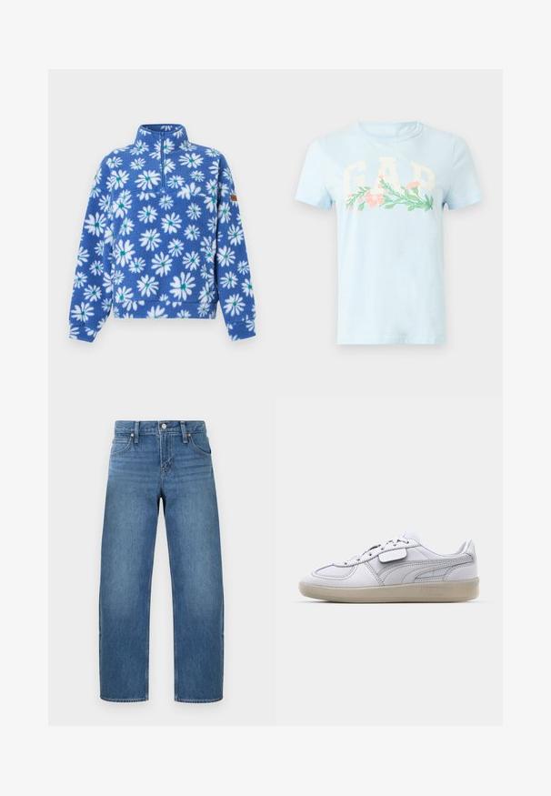Polaire bleue avec motifs de marguerites blanches, manches longues, demi-fermeture éclair à l'avant et col haut.; T-shirt bleu clair à manches courtes avec de grandes lettres blanches "GAP" et un dessin floral horizontal en rose et vert traversant la poitrine.; Jean denim bleu à jambes droites avec fermeture par bouton et zip, poches à l'avant et à l'arrière, présenté sur un fond clair uni.; Baskets blanches en cuir avec des accents gris, fermeture à lacets et semelle en caoutchouc texturée. Présente un logo bien en vue sur le côté.