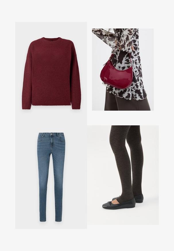 Pull bordeaux à col rond, à manches longues, avec un ourlet et des poignets côtelés, fabriqué en tissu doux et texturé, idéal pour le layering.; Jeans skinny en denim bleu moyen. Design classique à cinq poches avec fermeture éclair et bouton. Texture lisse, finition légèrement délavée.; Jambes portant des leggings côtelés foncés associés à des ballerines noires avec de petits détails en nœud sur fond blanc.; Femme portant un chemisier à motif noir et blanc tenant un sac à main rouge brillant sur un fond uni.