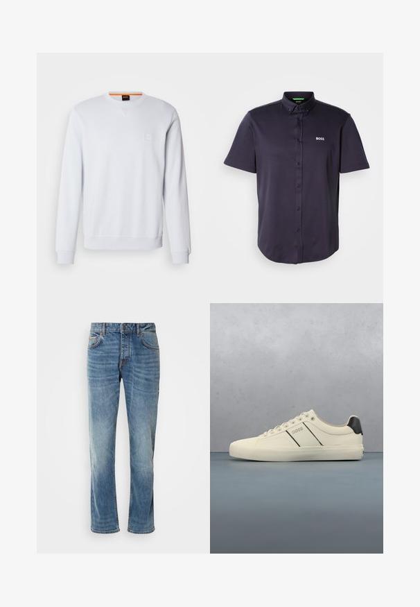 Sudadera blanca con mangas largas, cuello redondo y un discreto parche con el logo. Textura suave y puños y dobladillo acanalados para un ajuste ceñido.; Polo de manga corta en azul marino oscuro hecho de una mezcla de algodón suave, con cuello abotonado y logo "BOSS" bordado en el pecho.; Jeans de denim azul claro con piernas rectas, cinco bolsillos, costuras en contraste y un acabado desgastado. Cuenta con un cierre de botón y cremallera.; Zapatillas de color crema con una textura suave, que presentan acentos y marcas en negro. Diseño clásico de cordones con punta redonda y suela de goma.
