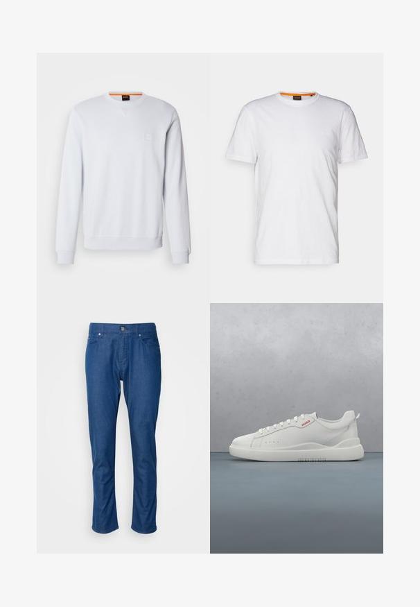 Witte sweatshirt met lange mouwen, ronde hals en subtiele logo patch. Soepele textuur en geribbelde manchetten en zoom voor een aangesloten look.; Witte katoenen T-shirt met ronde hals, korte mouwen en een subtiel reliëflogo op de borst. Het binnenlabel heeft een oranje accent.; Blauwe denimbroeken met een recht gesneden ontwerp, voorzakken en een enkele knoopsluiting. Soepele textuur met minimale details.; Witte sneaker met een gladde leren afwerking, ronde neus, vier veterogen, subtiele perforaties en een rood logo detail aan de zijkant.