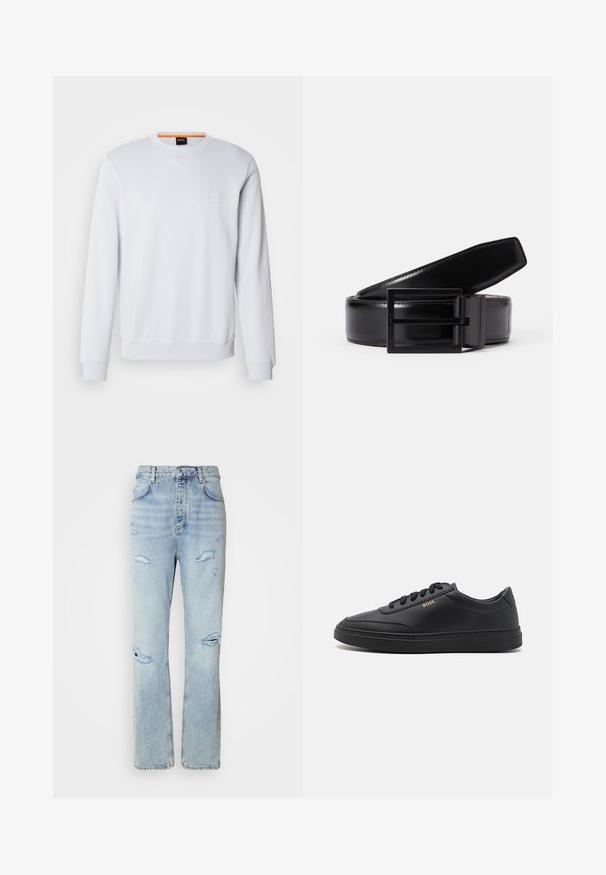 Hvid sweatshirt med lange ærmer, rund halsudskæring og diskret logo-patch. Glat tekstur og ribbede manchetter og kant for et tætsiddende look.; Lysvaskede denimjeans med en afslappet pasform, der har slidte områder og frynsede kanter. Stoffet har en blød, glat tekstur.; Sorte lædersneakers med en glat overflade, rund tå, flad gummisål og tonede snørebånd. Udstyret med guld "BOSS" branding på siden.; Sorte læderbælte med en glat finish, der har en firkantet sort metalspænde. Bæltet har diskret syninger og et klassisk design.