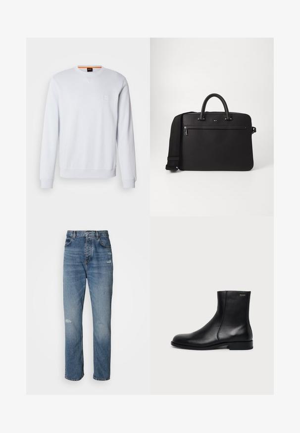 Witte sweatshirt met lange mouwen, ronde hals en subtiele logo patch. Soepele textuur en geribbelde manchetten en zoom voor een aangesloten look.; Lichtblauwe denim jeans met een rechte pijpdesign, voorzien van een knoop- en ritssluiting, vijf zakken en verwerkte details nabij de knie.; Zwarte leren enkellaars met lage hak, zijstiksels en klein "HUGO" logo op de bovenste boord tegen een effen achtergrond.; Zwarte leren tas met een soepele textuur, dubbele handvatten aan de bovenkant en een afneembare schouderband. Beschikt over een ritsvak aan de voorkant en logo-detail.