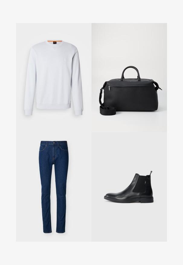 Witte sweatshirt met lange mouwen, ronde hals en subtiele logo patch. Soepele textuur en geribbelde manchetten en zoom voor een aangesloten look.; Donkerblauwe denim jeans met een slim fit, vijfzakkenontwerp, zichtbare stiksels en een knoopsluiting in de taille. Gladde textuur.; Zwarte leren Chelsea-boots met elastische zijpanelen, een treklipje en een vlakke rubberen zool. Gladde textuur met minimale details.; Zwarte leren reistas met twee bovenhandvaten, een afneembare schouderband en een ritsvak aan de voorkant voor extra opbergruimte.