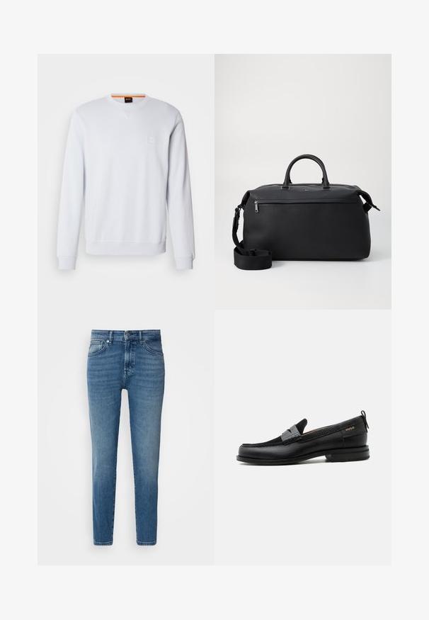 Hvid sweatshirt med lange ærmer, rund halsudskæring og diskret logo-patch. Glat tekstur og ribbede manchetter og kant for et tætsiddende look.; Lysblå denimjeans med lige pasform, traditionelt fem-lomme-design, metalknaplukning og diskret slid på fronten.; Sort læderloafer med grå remdetalje, lav hæl og tekstureret sål, mærket med "HUGO" i guld på siden.; Sort læder duffel taske med to top hanke, en aftagelig skulderrem og en lynlåslomme foran til ekstra opbevaring.