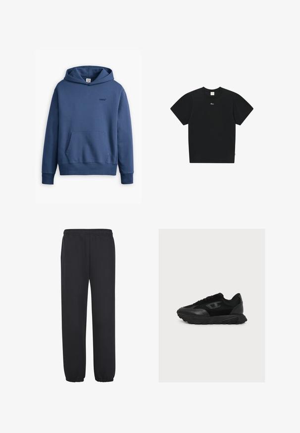 Marineblauwe hoodie van een katoenmix. Voorzien van een voorzak, ribgebreide manchetten en een klein logo op de borst.; Zwart T-shirt met korte mouwen en ronde hals, met een klein wit cursief logo in het midden bij de halslijn, tegen een witte achtergrond.; Zwarte sweatpants met een elastische tailleband, taps toelopende manchetten en een gladde textuur. Geen zichtbare zakken of patronen. Eenvoudig, functioneel ontwerp.; Zwarte lage sneaker met mesh- en leren details, dikke zool en subtiel logo aan de zijkant, getoond in profiel op een witte achtergrond.