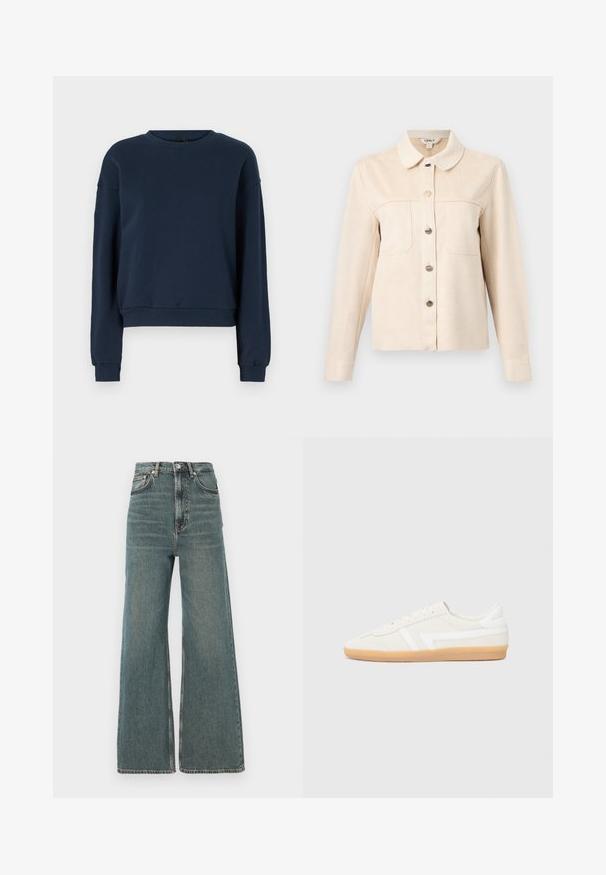 Marineblaue Sweatshirt aus weichem Material, mit rundem Ausschnitt, langen Ärmeln und gerippten Bündchen und Saum. Einfaches Design ohne Verzierungen.; Beige Hemd mit Knöpfen und langen Ärmeln, zwei Brusttaschen vorne und spitzem Kragen, auf hellgrauem Hintergrund präsentiert.; Hoch taillierte weit geschnittene Jeans aus einem verblassten blauen Denim, mit klassischem Fünf-Taschen-Design und einem Reißverschluss mit Knopfverschluss.; Weiße Sneakers mit einem Obermaterial aus Wildleder und Leder, ausgestattet mit einer Gummisohle, gestickten Akzenten und einem minimalistischen Design.