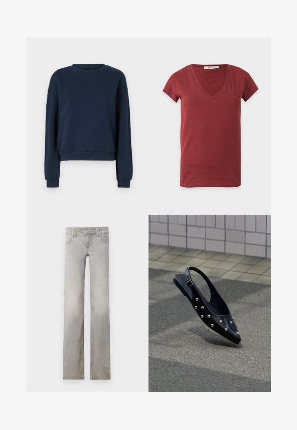 Marineblaue Sweatshirt aus weichem Material, mit rundem Ausschnitt, langen Ärmeln und gerippten Bündchen und Saum. Einfaches Design ohne Verzierungen.; Kurzärmeliges, dunkelrotes V-Ausschnitt-T-Shirt mit kleinem gesticktem Logo auf der Brust und einem weißen Markenlabel innen am Halsausschnitt.; Hellgraue Jeans mit geradem Schnitt, hergestellt aus Denim. Verfügt über zwei vordere Taschen, einen Hosenbund mit zwei Knöpfen und sichtbaren Nähten.; Schwarzer, spitzer Slingback-Schuh mit silbernen Nieten, schwebt über Asphalt vor einem hintergrund aus gefliester Wand.
