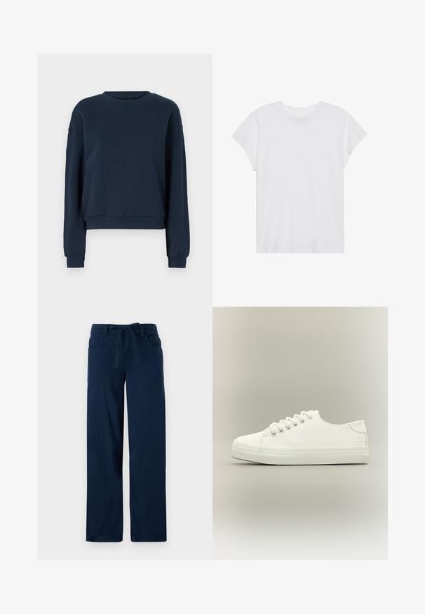 Sweatshirt bleu marine en tissu doux, avec un col rond, des manches longues et des poignets et un ourlet côtelés. Design simple sans embellissements.; T-shirt blanc à manches courtes, col rond, coupe décontractée, en tissu de coton doux. Texture lisse, sans motifs ni logos.; Pantalons larges bleu marine en mélange de coton, dotés d'une taille à cordon de serrage, de deux poches avant et d'une texture lisse.; Baskets basses blanches avec lacets blancs et semelle en caoutchouc, vues de côté sur un fond neutre.