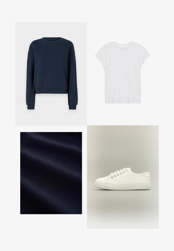Navyblauwe sweatshirt van zacht materiaal, met een ronde hals, lange mouwen en geribbelde manchetten en zoom. Eenvoudig ontwerp zonder versieringen.; Witte t-shirt met korte mouwen, ronde hals, relaxte pasvorm, gemaakt van zacht katoen. Glad textuur, geen patronen of logo's.; Donker marineblauwe gladde stof met zachte plooien en subtiele textuur, wat duidt op een lichtgewicht en fijn materiaal.; Witte lage sneaker met witte veters en rubberen zool, zijaanzicht op een neutrale achtergrond.