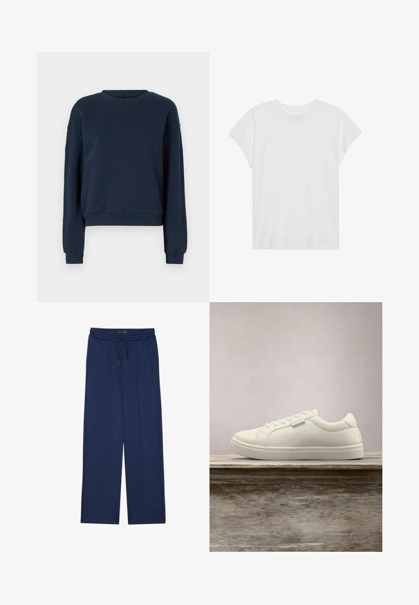 Sweatshirt bleu marine en tissu doux, avec un col rond, des manches longues et des poignets et un ourlet côtelés. Design simple sans embellissements.; T-shirt blanc à manches courtes, col rond, coupe décontractée, en tissu de coton doux. Texture lisse, sans motifs ni logos.; Anna Field by Zalando Pantalon de survêtement - dark blue; Baskets en cuir blanc avec des lacets flottant au-dessus d'un banc en bois, herbe verte haute floue en arrière-plan à l'extérieur.